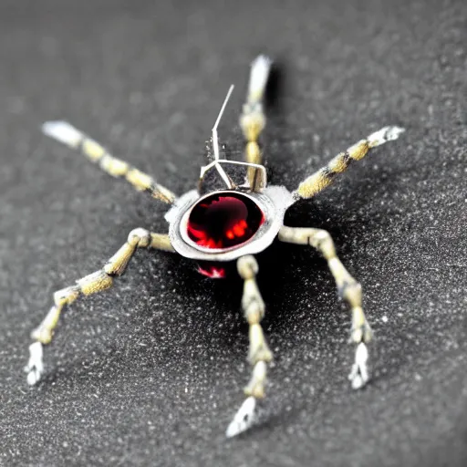 Prompt: macro photograph of a miniature mechanical spider made of silver and garnets, flickr