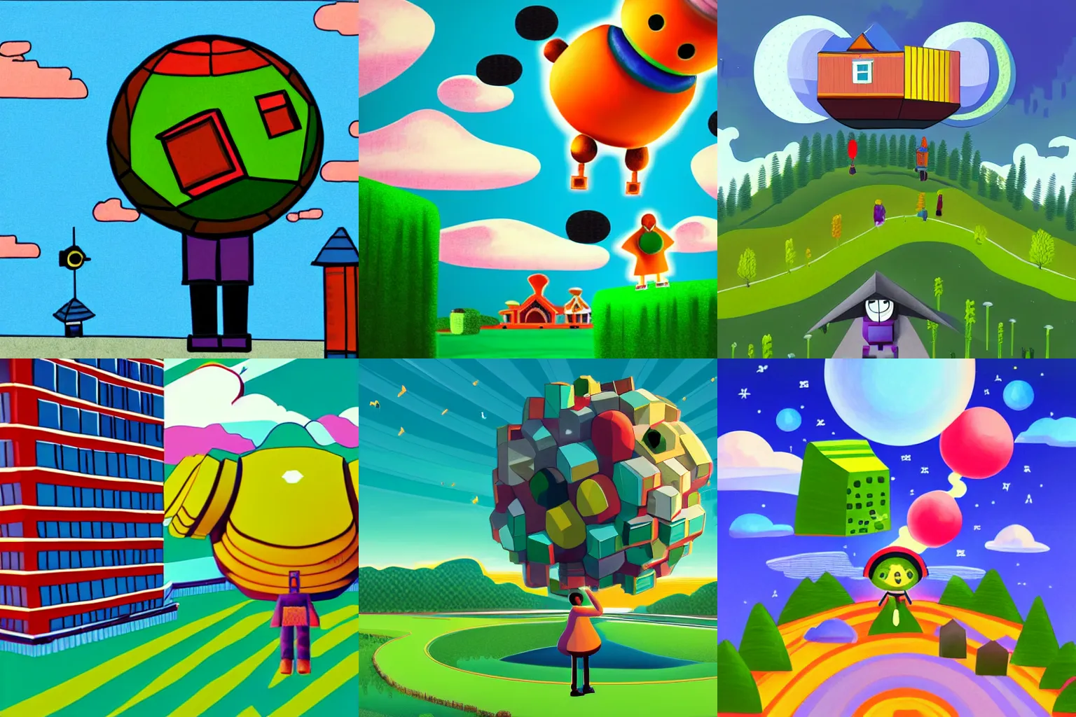 Prompt: artwork of a building and humanoid in a nice scenery in the style of katamari damacy,