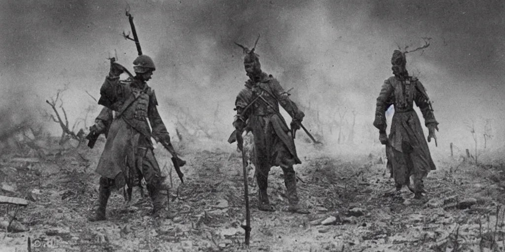 Image similar to scary unproportionable tall ghost creature in the middle of a battlefield, 1900s picture