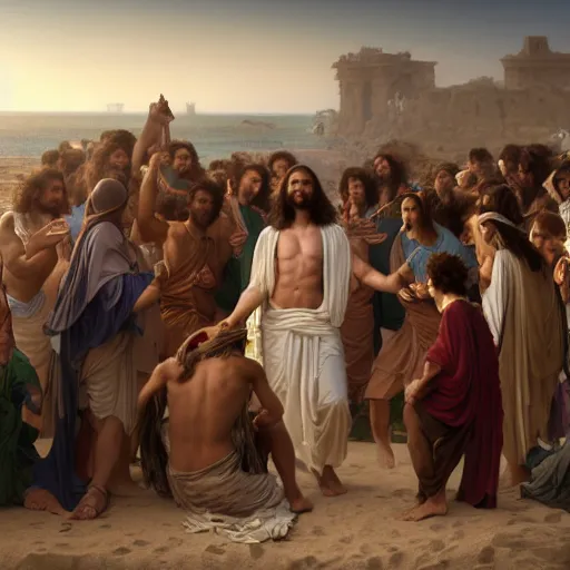 Prompt: an extremely detailed matte painting of a ridiculously good looking supply side jesus that looks like a jewish gigachad with his 1 2 apostle entourage droing keg stands, long curly hair, elegant ancient greek dress, very detailed, windy beach, beautiful, intricate, cinematic, artstation, william bouguereau, alphonse mucha, greg rutkowski, rossdraws, octane render