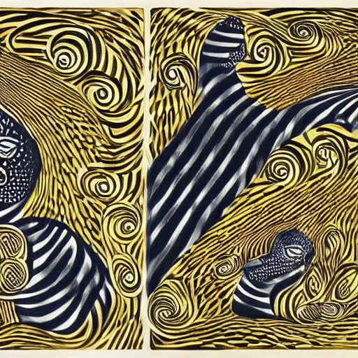 Prompt: A highly stylized conceptual art 4k shaded, finely detailed, matte illustration with intricate patterns of two abstract expressionist cats intertwined together in the style of Kandinksy