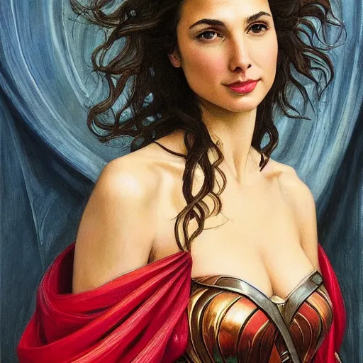 Prompt: Oil painting of the beautiful woman Gal Gadot, she is wearing some withe old cloths and a surreal ornate, her hair is natural disheveled, naturalism, dramatic lighting, high-detailed oil painting by Ilya Repin, Michelangelo da Caravaggio, William Blake, Alex Grey and Beksinski, trending on Artsatio, masterpiece, 4k, 8k,