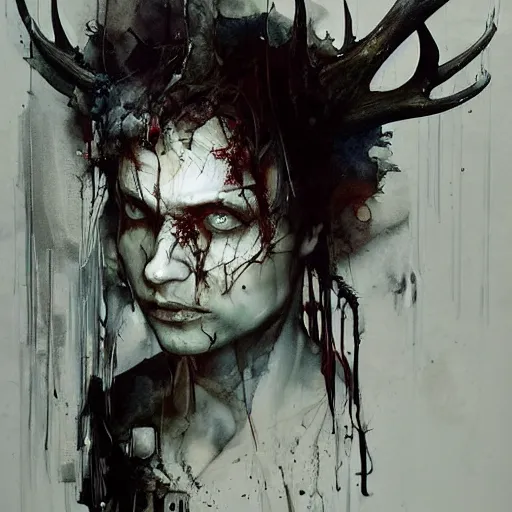 Prompt: lehsen with deer skull deer antlers by emil melmoth zdzislaw belsinki craig mullins yoji shinkawa realistic render ominous detailed photo atmospheric by jeremy mann francis bacon and agnes cecile ink drips paint smears digital glitches glitchart