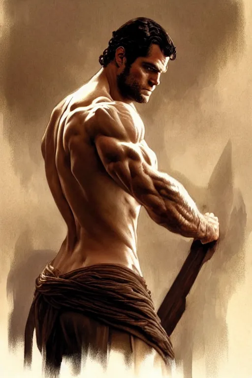 Image similar to Henry Cavill as a Greek god, gorgeous, amazing, muscular, fit, very muscular male body, intricate, highly detailed, digital painting, artstation, concept art, sharp focus, illustration, art by greg rutkowski and alphonse mucha