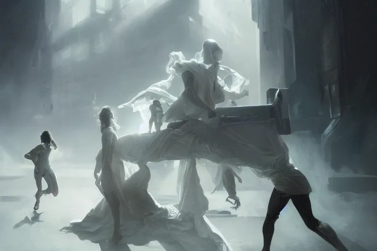 Prompt: a hyperrealistic render of people in white circulating a black alien cube, worship, order, outdoor, by Artgerm,Greg Rutkowski,Alphonse Mucha, Beautiful dynamic dramatic dark moody lighting,shadows,cinematic atmosphere,Artstation,concept design art,Octane render,8K