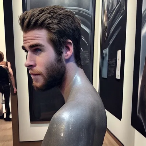 Image similar to “a realistic detailed photo of a guy who is an attractive humanoid who is half robot and half humanoid, who is a male android, actor Liam Hemsworth, shiny skin, posing like a statue, blank stare, at the museum, on display”