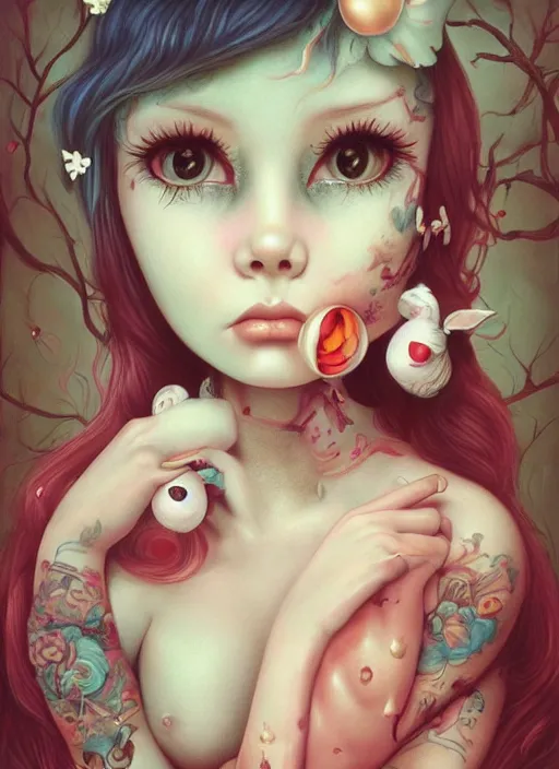 Prompt: pop surrealism, lowbrow art, realistic cute bikini girl painting, japanese street fashion, hyper realism, muted colours, rococo, natalie shau, loreta lux, tom bagshaw, mark ryden, trevor brown style,