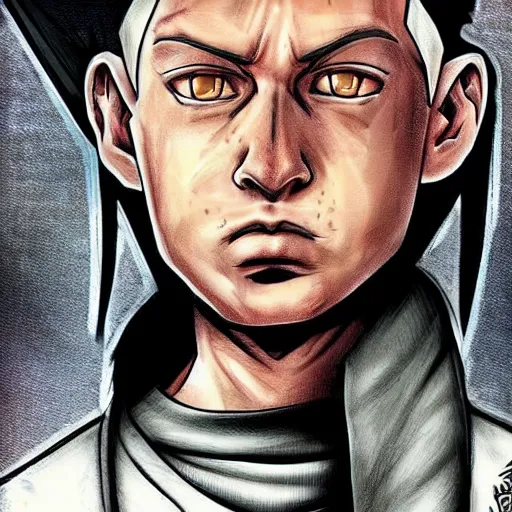 Image similar to eminem drawn in the style of dragon ball z