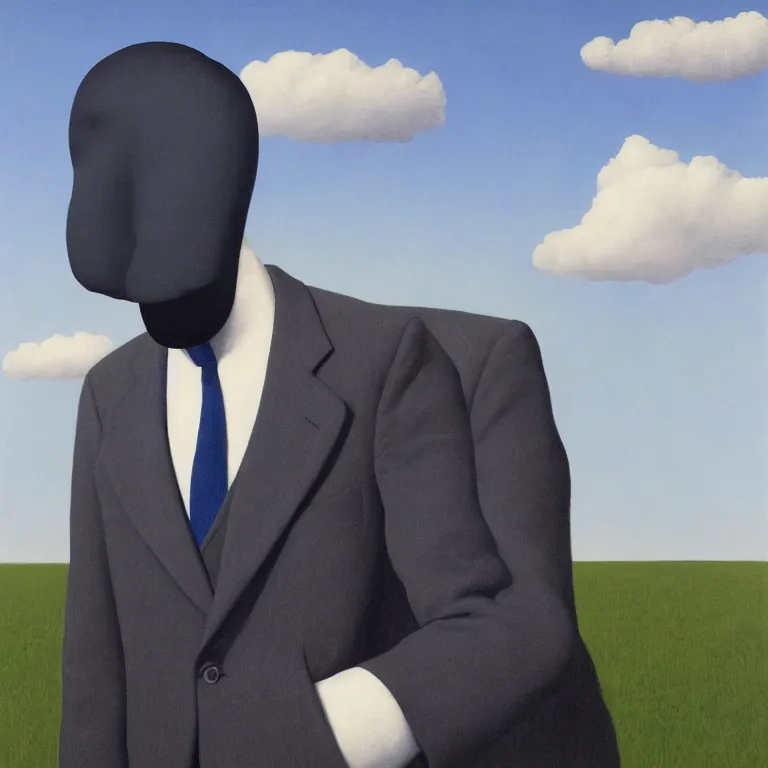 Image similar to portrait of a faceless shadow - head man in a suit, clouds in the background, by rene magritte, detailed painting, distance, centered, hd, hq, high resolution, high detail, 4 k, 8 k