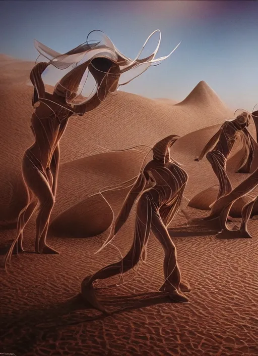 Prompt: an orchestra!!! plays strange alien musical instruments, wearing veils blowing in the dust, Michael Whelan art directs Dune (1984), photorealistic, 3d render, award winning render, unreal engine, octane render, studio lighting, 8k, hd