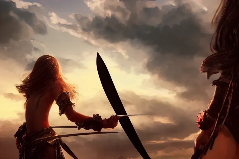 Image similar to back shot of one single beautiful girl, holding two swords, digital art by wlop. artstation contest winner, cinematic paint. lower shot. dramatic cloud in background. sunset