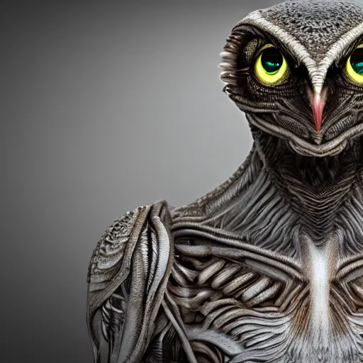 Image similar to alien owl, alien warrior, portrait, hyperrealistic, symmetry, octane render, detailed, hdr