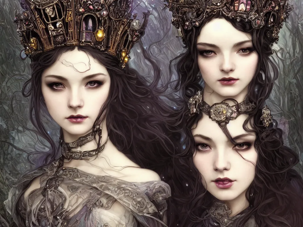 Prompt: beautiful and luxury and victorian and gothic and dieselpunk young medieval dark crown princess portrait like blackpink lisa + smoky eyes + front face with light flowing hair, ultradetail face, art and illustration by tian zi and craig mullins and wlop and alphonse mucha, fantasy, intricate complexity, human structure, human anatomy, fantasy character concept, watermark, blurry, hyperrealism 8 k