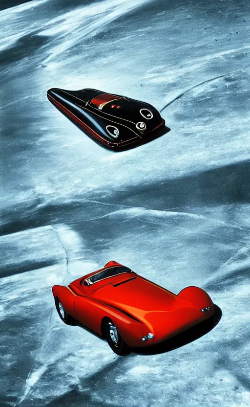 Image similar to retro - futurism, art - deco style sports car moving at hyper speed through the ice lake, poster, long - distance shot