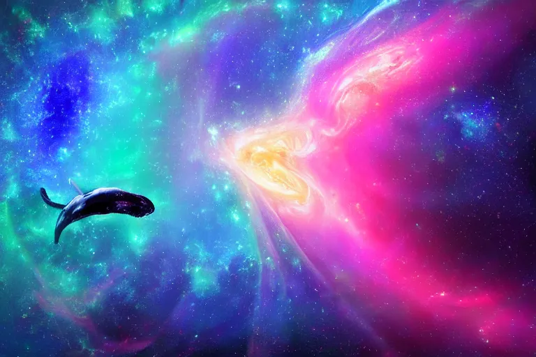 Prompt: a humpback whale made of a cosmic map swimming through a colorful space nebula with a black hole, event horizon, digital art, photorealistic