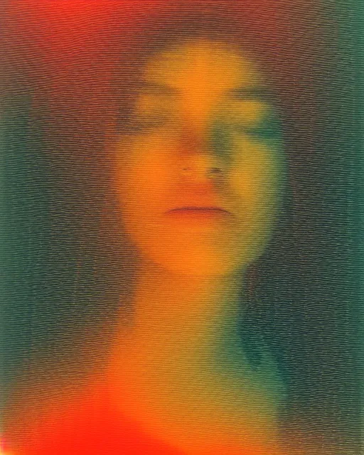 Image similar to a woman's face in the water, serene emotion, new polaroid, glitchy patterns, hazy, red, orange, yellow, soft lighting