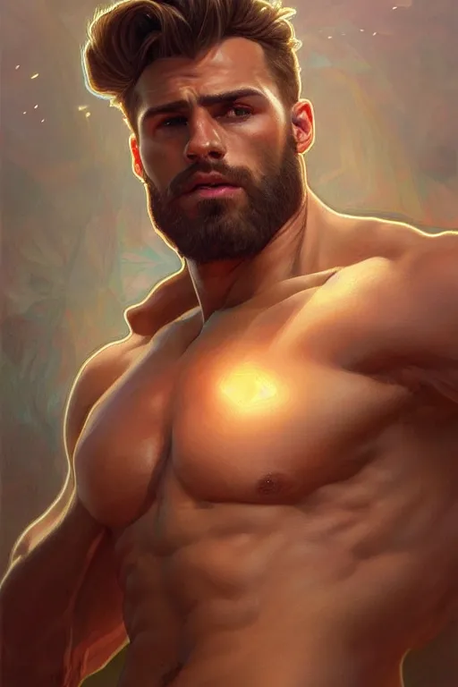 Image similar to clear portrait of a gigachad! attractive men, cottagecore!!, background hyper detailed, character concept, full body, dynamic pose, glowing lights!! intricate, elegant, highly detailed, digital painting, artstation, concept art, smooth, sharp focus, illustration, art by artgerm and greg rutkowski and alphonse mucha