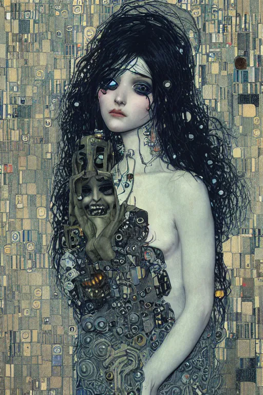 Image similar to beautiful young gothic maiden, cyberpunk, highly detailed, artstation, illustration, art by Gustav Klimt