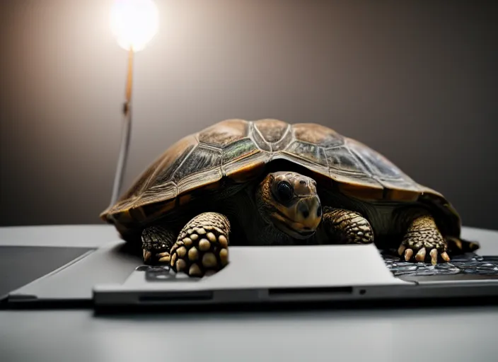 Prompt: photo still of a tortoise working on a laptop, 8 k, studio lighting bright ambient lighting key light, 8 5 mm f 1. 8