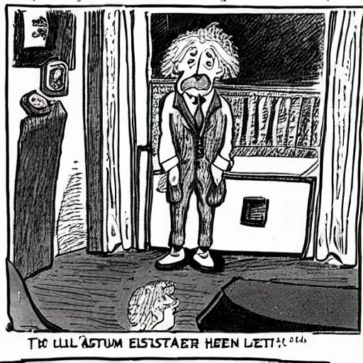 Image similar to albert einstein waiting downstairs for albert einstein who fell from the minaret, comic, high detailed, cartoon