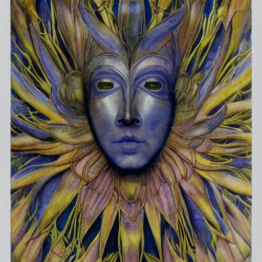 Image similar to closeup of a facemask made of flowers, by annie swynnerton and jean delville and edward hopper and evelyn de morgan and rufino tamayo, dark flower shaman, art brut, outsider art, symbolist, dramatic lighting, god rays, elaborate geometric ornament, clean crisp graphics, smooth sharp focus, extremely detailed, adolf wolfli