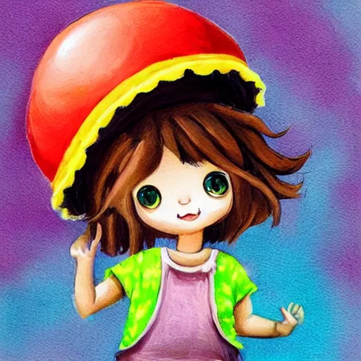 Image similar to little girl with a mushroom hat, cute artwork, clean detailed