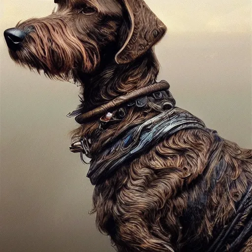 Prompt: portrait of a rugged wirehaired dachshung, salt and pepper hair, soft hair, d & d, muscular, fantasy, intricate, elegant, highly detailed, digital painting, artstation, concept art, smooth, sharp focus, illustration, art by artgerm and greg rutkowski and alphonse mucha