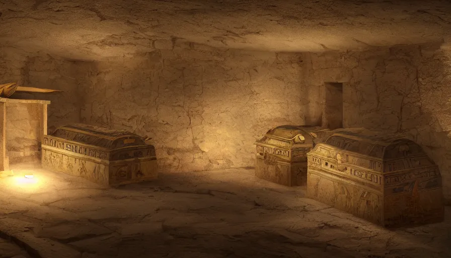 Prompt: ancient egyptian tomb with coffins, cobwebs, torchs, dark corridors, dust particles, treasures, light fog, hyperdetailed, artstation, cgsociety, 8 k