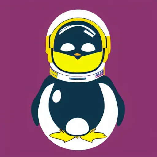 Prompt: cute drawing of a penguin baby on an astronaut suit, helmet on, floating on space, minimalist cartoon style, solid color