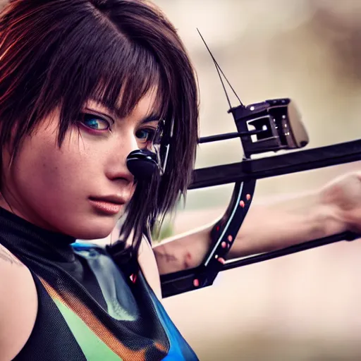 Prompt: close up, attractive sports woman in archery, a grungy cyberpunk anime, highly detailed