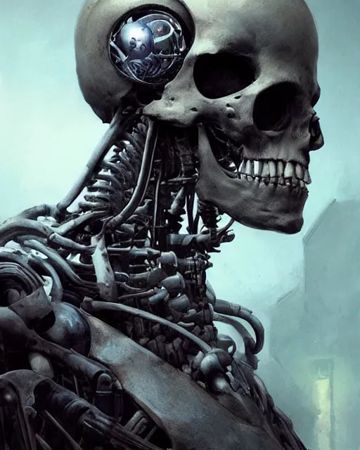 Image similar to skeleton with cybernetic enhancements with some flesh as seen from a distance, scifi character portrait by greg rutkowski, esuthio, craig mullins, 1 / 4 headshot, cinematic lighting, dystopian scifi gear, gloomy, profile picture, mechanical, half robot, implants, solarpunk