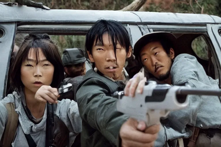 Image similar to movie diverse interracial team of Japanese robbers armed with rifles interior van, beautiful skin, Symmetrical faces. natural lighting by Emmanuel Lubezki