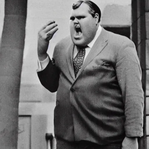 Prompt: photograph of a tall, angry, slightly obese man in his mid 7 0's, with blonde hair and an orange face, wearing a dark blue suit, a white shirt, and a red tie