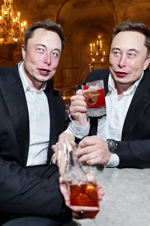 Image similar to detailed photo of elon musk drinking vodka with putin