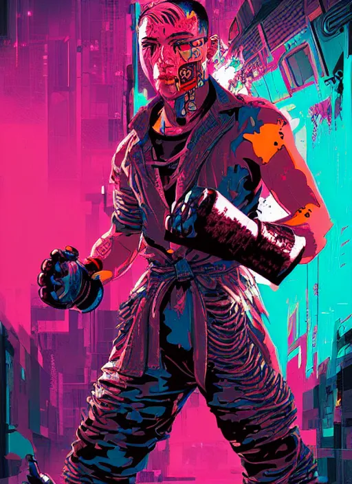 Prompt: cyberpunk kickboxer by josan gonzalez splash art graphic design color splash high contrasting art, fantasy, highly detailed, art by greg rutkowski