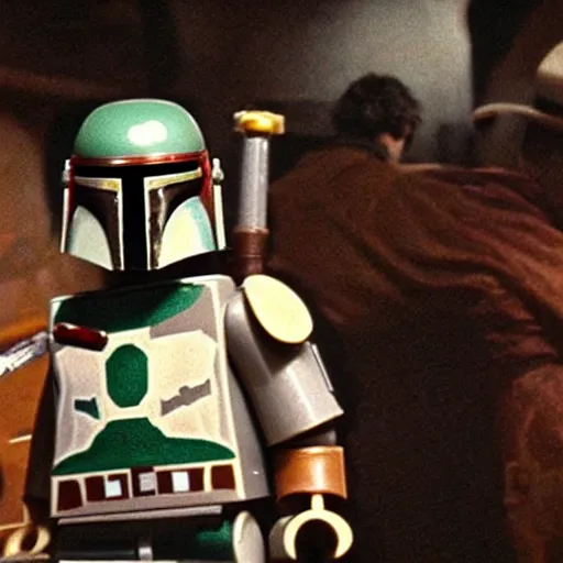 Image similar to boba fett in a scifi western saloon, movie still from star wars the empire strikes back, lego