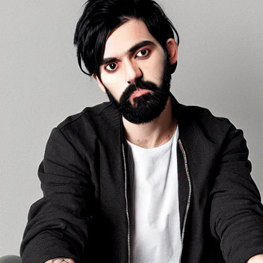 Image similar to a man with black hair and beard, wearing a black jacket, white shirt and jeans, sitting in an empty white room, devastated, rendered in unreal engine