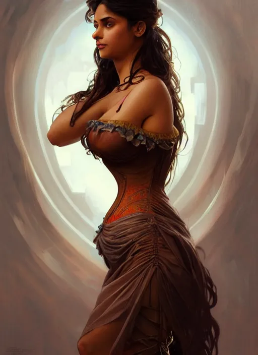 Image similar to cute brown woman wearing a translucent corset dress, fantasy, intricate, highly detailed, digital painting, artstation, concept art, wallpaper, smooth, sharp focus, illustration, art by artgerm and greg rutkowski and alphonse mucha