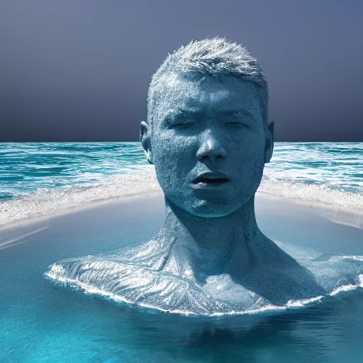 Prompt: a giant sculpture of a human head on the ocean, made purely out of water, cinematic, in the style of johnson tsang, long shot, hyper detailed, hyper realistic, ray tracing, 8 k resolution, sharp focus, realistic water, award winning