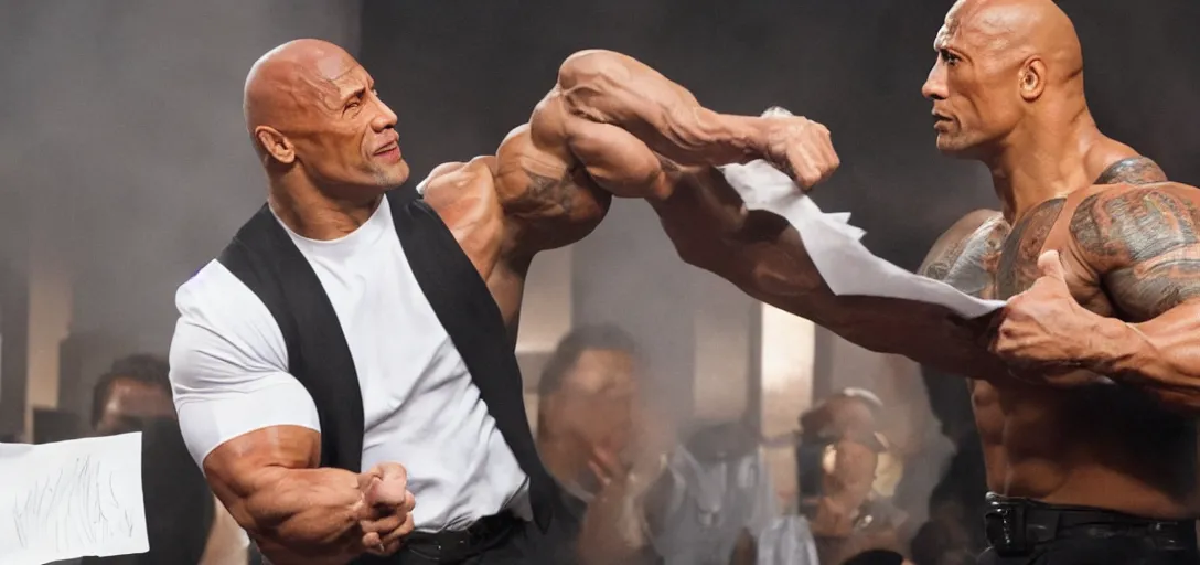 Prompt: Dwayne Johnson fights with a piece of paper