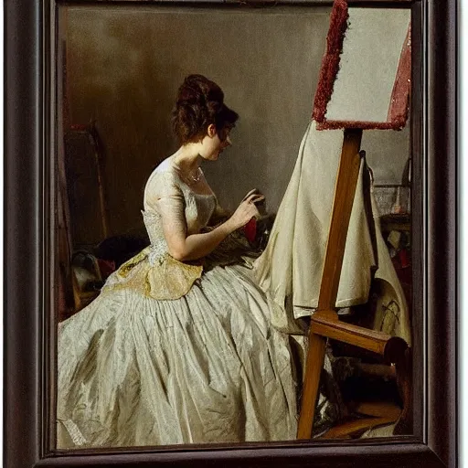 Prompt: seamstress working on a ballroom dress by alfred stevens