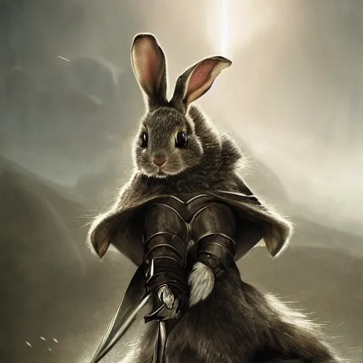 Image similar to a bunny wearing armour in the lord of the rings, elegant, highly detailed, digital painting, artstation, concept art, matte, sharp focus, highly detailed, 4 k, hdr, smooth, sharp focus, high resolution, award - winning photo, photorealistic, art by artgerm and greg rutkowski and alphonse mucha, large shot