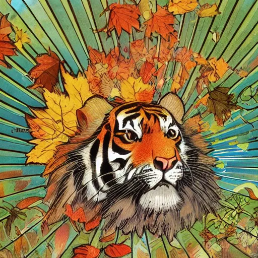 Image similar to a highly detailed cartoon cute tiger flapping a fan under sun, autumn leaves on the ground, concise lines, ultradetailed environment, sharp focus, cinematic lighting, by alphonse maria mucha and kim jung gi