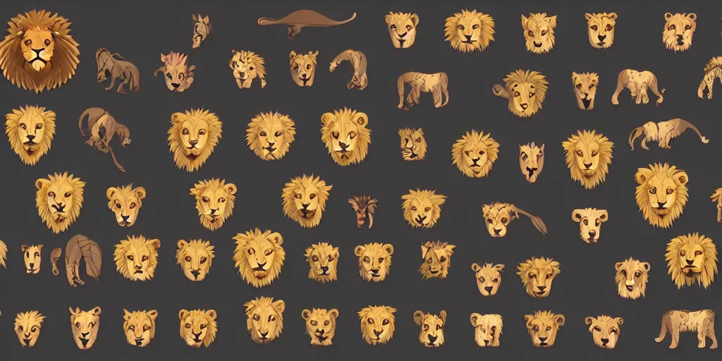 Prompt: game asset of unique lion heads on black background, organic, disney animation color palette, smooth vector lines, toon shading, 5 colors, solid colors, flat 2 d design, 2 d sprites, 8 k, close up