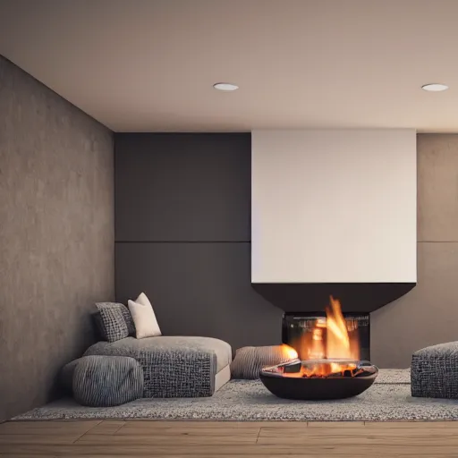 Image similar to cosy fireplace, modern home design interior, living room with couches, octane render, hyperrealistic, concrete archetecture, vray, volumetric lighting, cinema 4 d, unreal engine