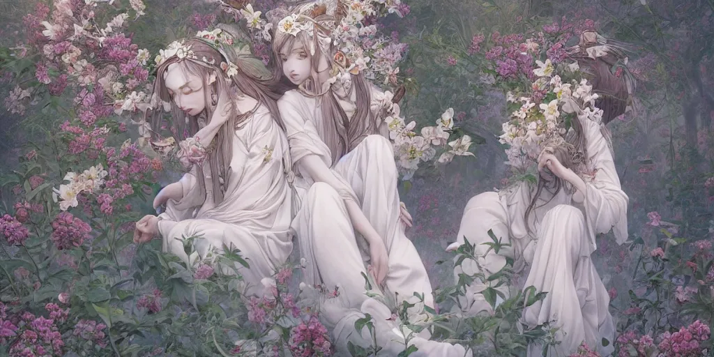 Prompt: breathtaking detailed concept art painting of the hugs goddesses of white flowers, orthodox saint, with anxious, piercing eyes, ornate background, amalgamation of leaves and flowers, by Hsiao-Ron Cheng, James jean, Miho Hirano, Hayao Miyazaki, extremely moody lighting, 8K