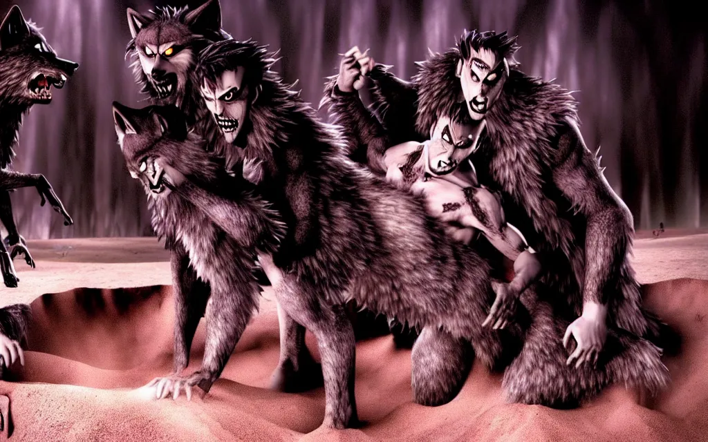 Image similar to wolfs and van darkholme playing in the sandbox photo screen form tim burton film