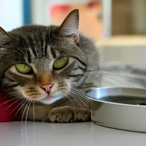 Prompt: the laziest cat in the world can't even lift a paw towards the tin of tuna next to him.