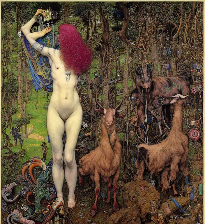 Image similar to pixelated corrupted professional pre-raphaelite defined colours 4k uncropped photo of a punk person in the cyberpunk forest with a goat and a robot by Ivan Bilibin, Austin Osman Spare, Norman Rockwell, high quality, ultra detailed. Beksinski painting, part by Adrian Ghenie and Gerhard Richter. art by Takato Yamamoto. masterpiece, oil on canvas painting, pixelart, vivid acid neon colours.