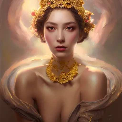 Prompt: expressive oil painting, of alluring european princess, seductive look, smooth glowing skin, glistening body, love, adoration, ornate headpiece made from flowers, glamour shot, by yoshitaka amano, by greg rutkowski, by jeremyg lipkinng, by artgerm, digital art, octane render, white dress